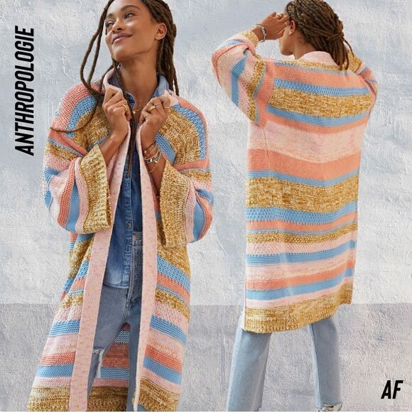 ANTHROPOLOGIE STRIPED TEXTURED CARDI OS NWT PINK COMBO - Picture 1 of 9